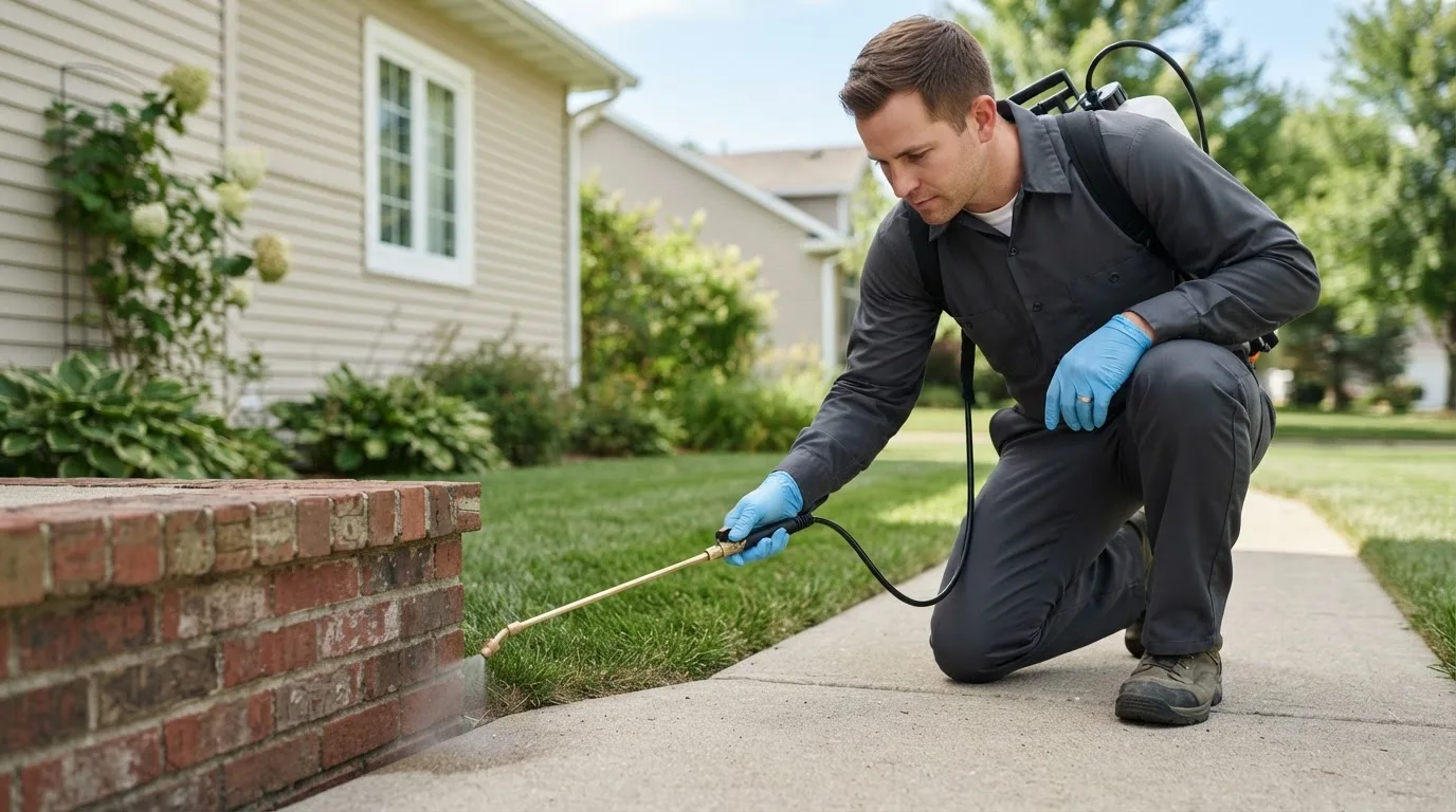 Pest control technician treating a home near Lewis, IA