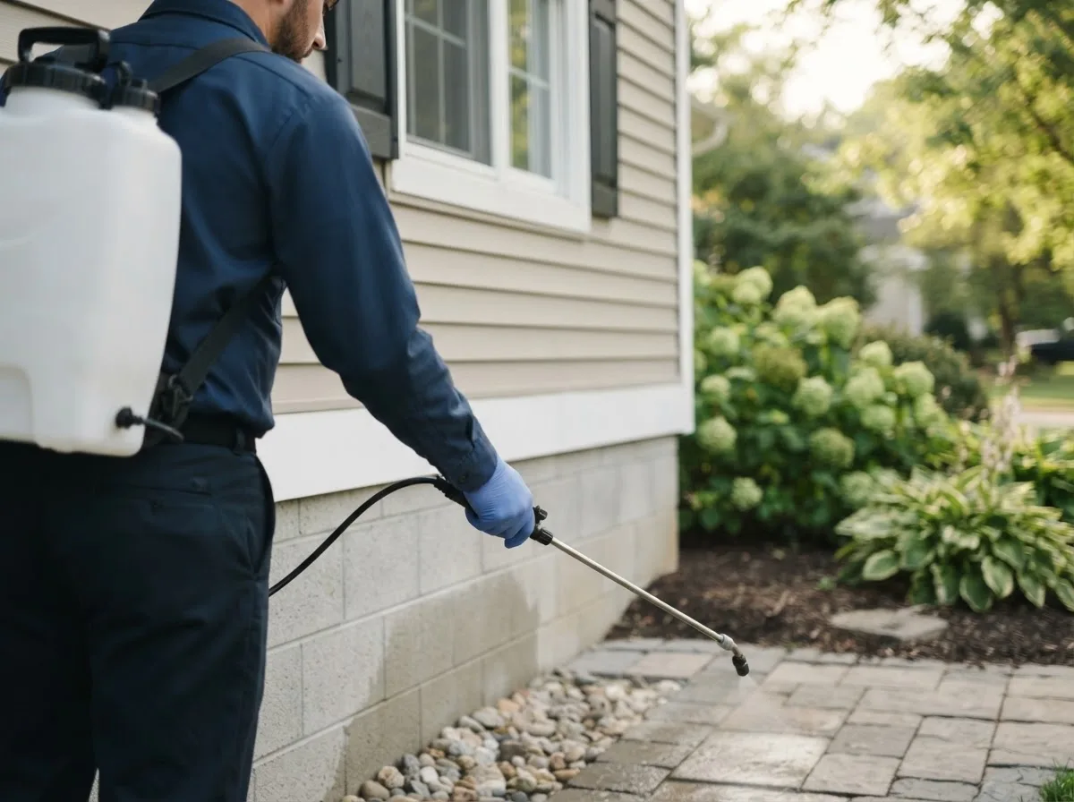 Pest control technician inspecting a home in Lewis, IA